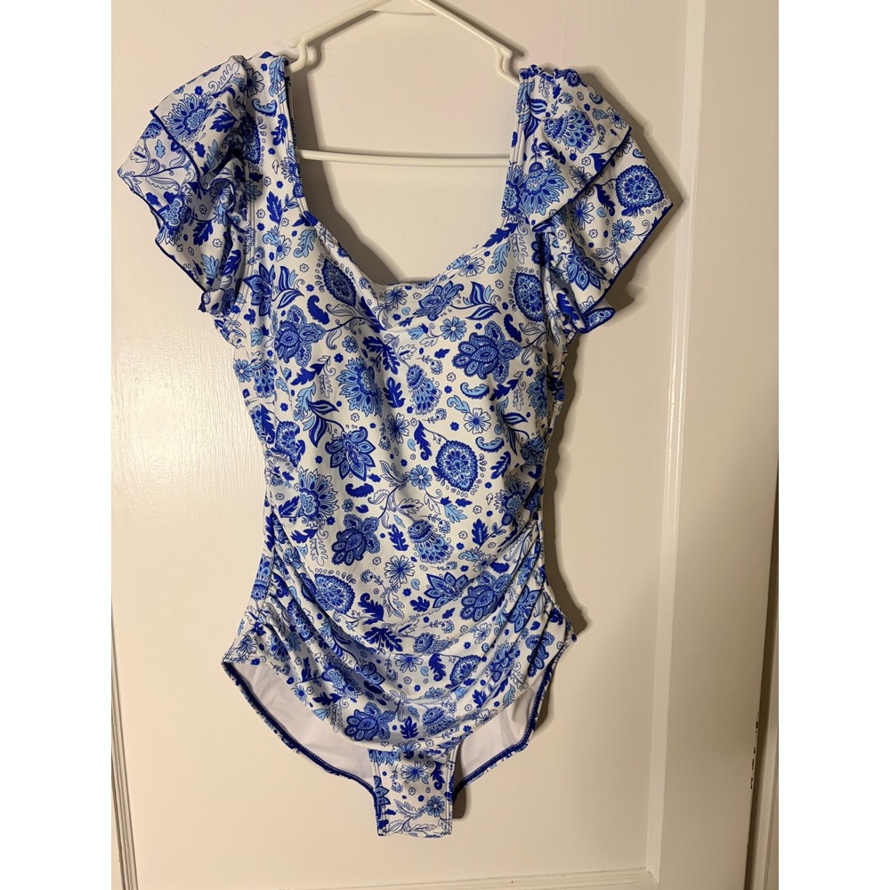 Eomenie Womens Floral Ruffle One Piece Swimsuit Blue White Paisley Size L NWT